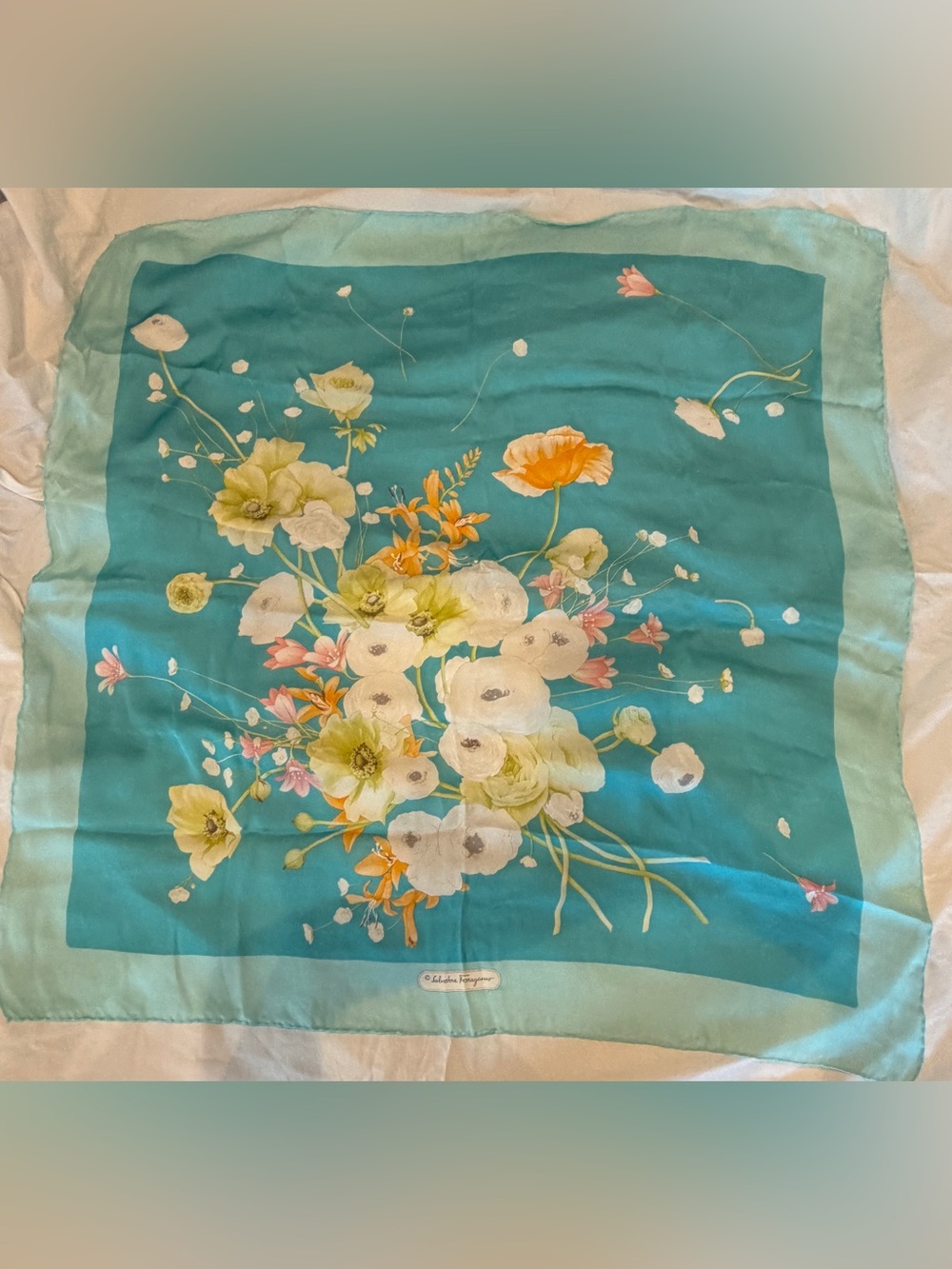 Vintage Ferragamo Floral Silk Scarf in turquoise